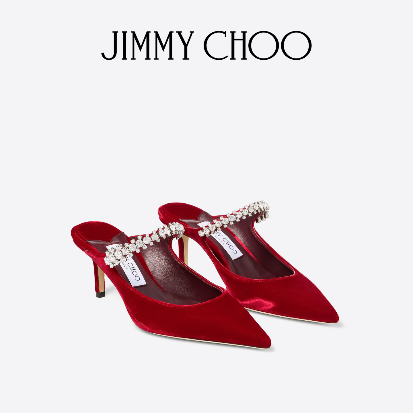 JIMMYCHOO/宝石红色丝绒穆勒鞋