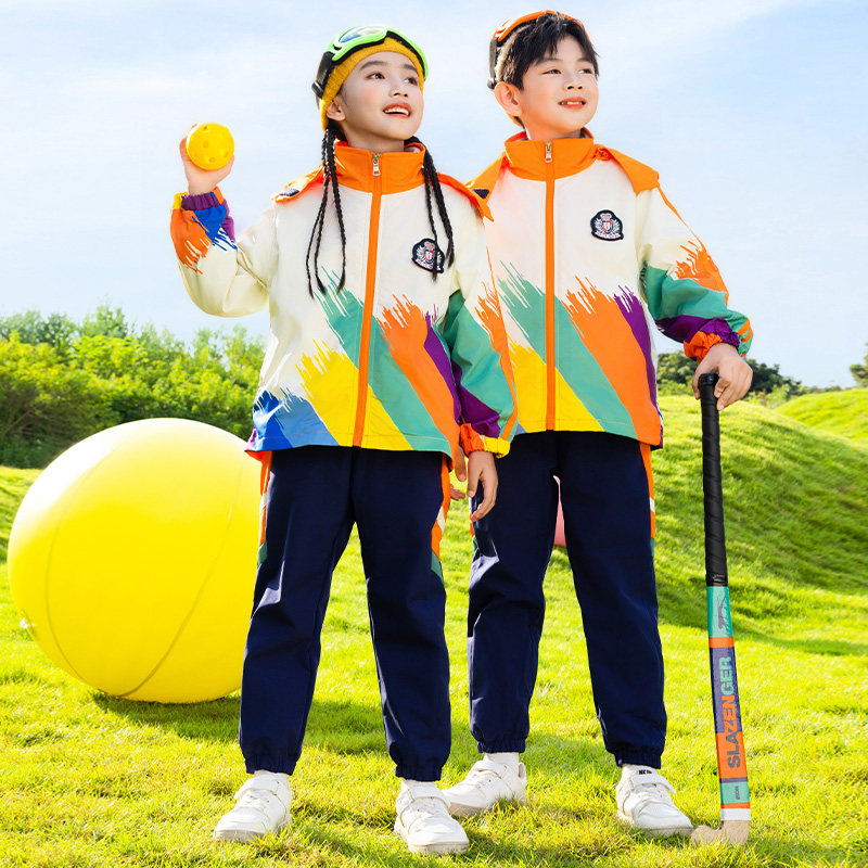 小学生校服冲锋衣秋冬三件套新款儿童彩虹运动班服幼儿园园服套装