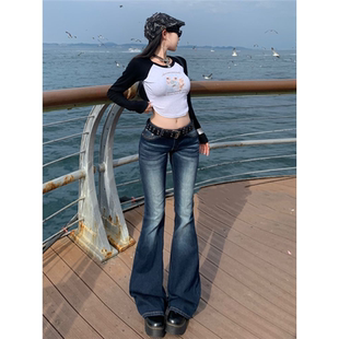 美式低腰加绒微喇叭牛仔裤女小个子秋冬辣妹紧身弹力显瘦马蹄裤子