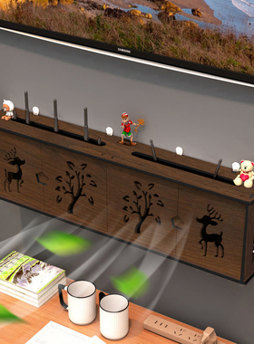 胡桃色无线路由器收纳盒箱壁挂式WiFi置物架放猫机顶盒挂墙免打孔