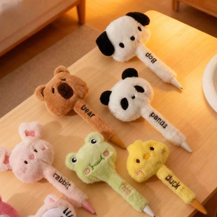 可爱创意黑笔学生学习水笔卡通毛绒笔熊猫笔可爱笔按动中性笔黑色