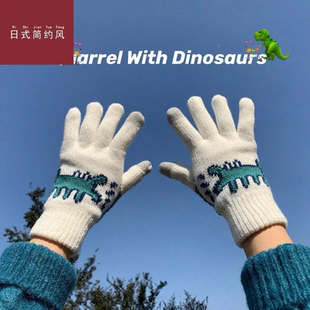 日式 男学生可爱毛线针织触屏保暖 精简风双层加厚加绒手套女冬韩版