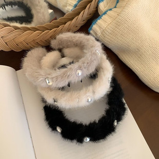 珍珠水钻倒插发箍精致设计感高颅顶宽边秋冬毛绒甜美发饰发带