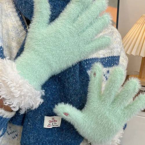 韩系可爱毛绒手套女2025冬季新款加厚保暖防寒露指可触屏分指手套