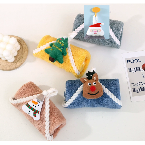 新款经编珊瑚绒圣诞老人擦手巾柔软可爱挂式厨房方巾抹布