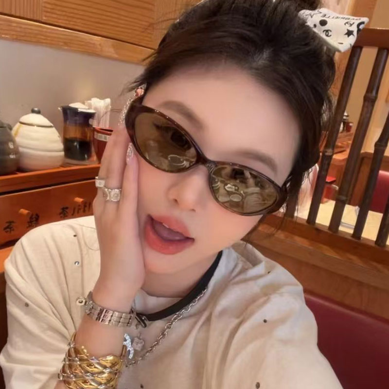 新款复古椭圆豹纹猫眼墨镜女款高级感防紫外线太阳镜男款遮阳眼镜