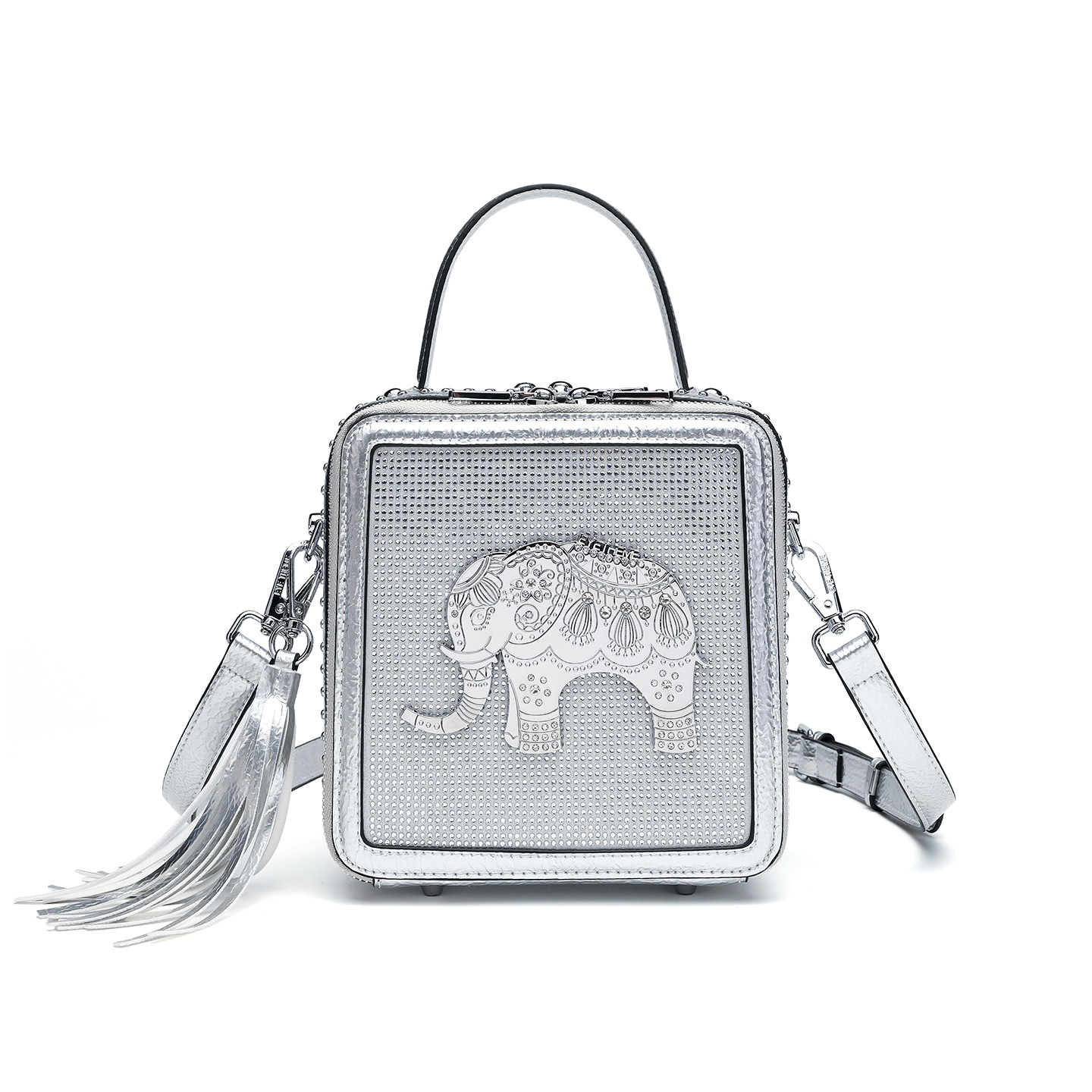 银色镶钻定型小方包拉链高贵PU斜挎香水包时尚流苏女士袋