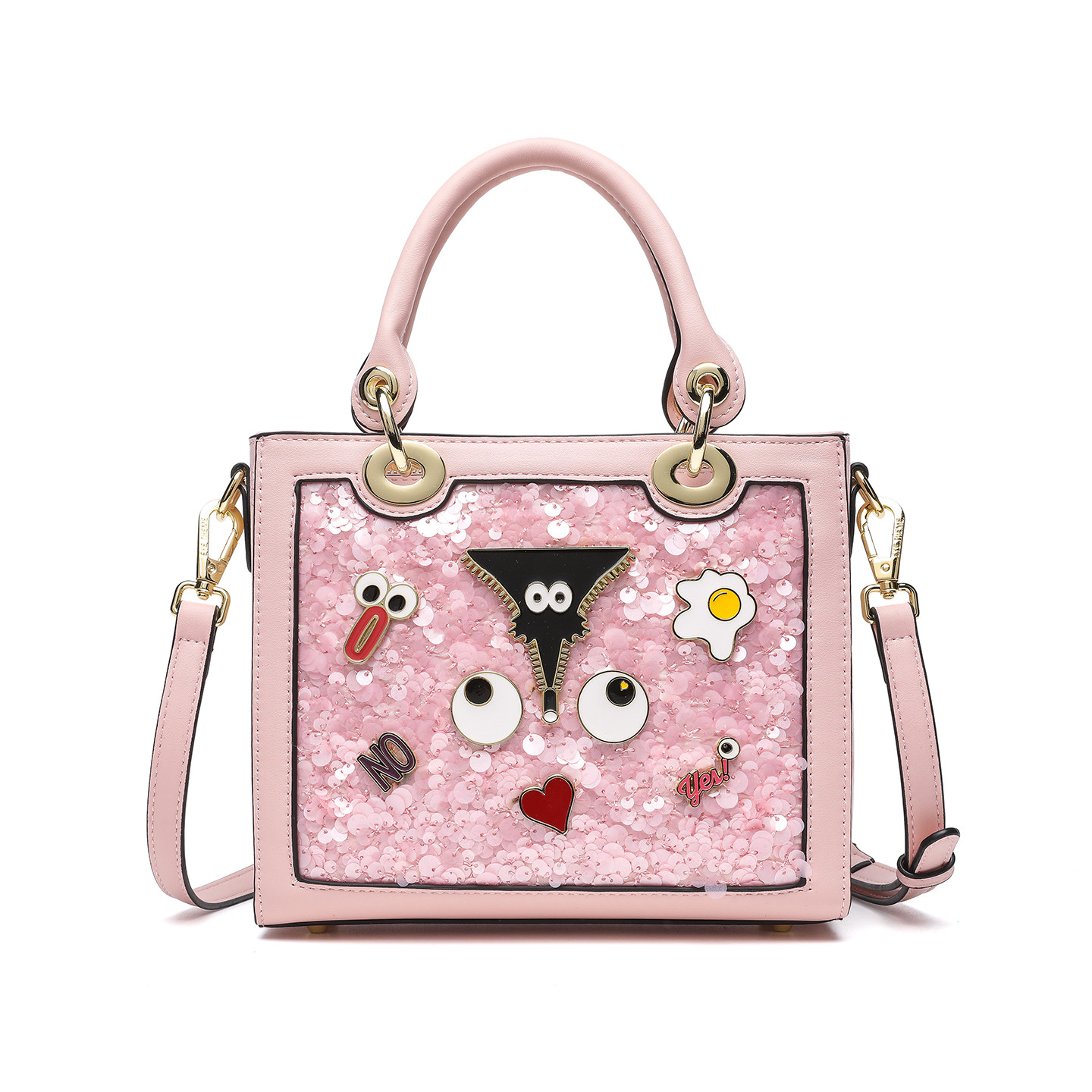 2026春夏时尚女士高贵妇珠片定型手提包徽章马卡龙色小方包