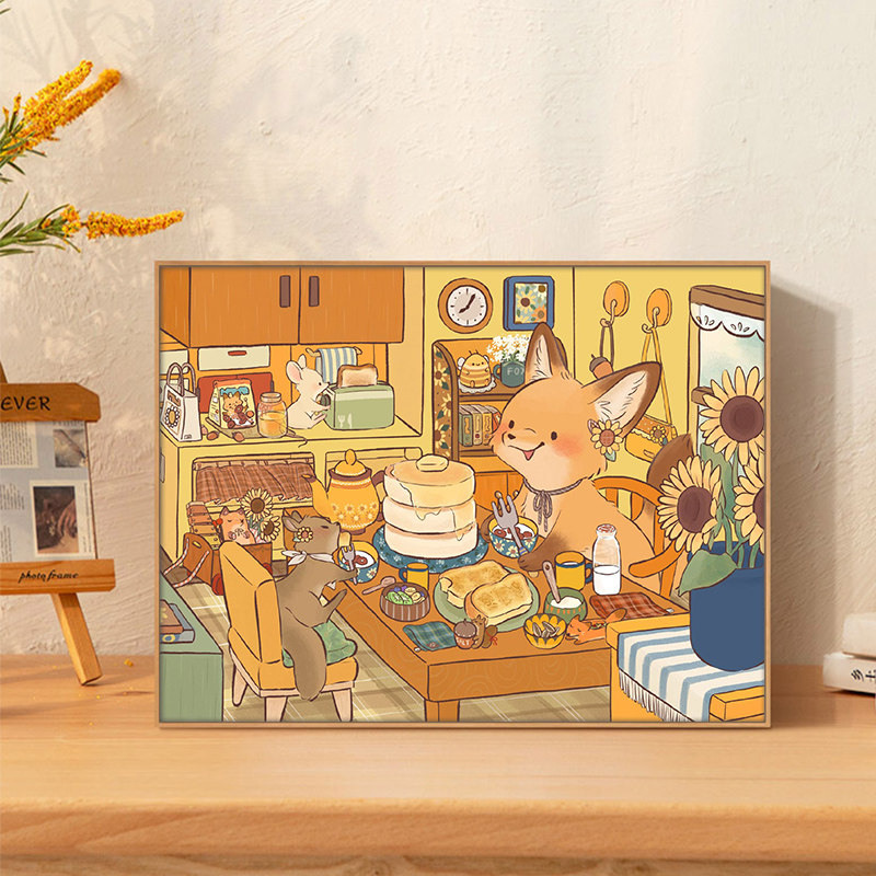 搏梦 diy数字油画填充卡通动漫治愈悠哉小狐狸手绘客厅装饰油彩画