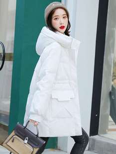 新款 学院风韩版 羽绒棉服女2023冬季 白色连帽中长款 宽松棉衣厚外套