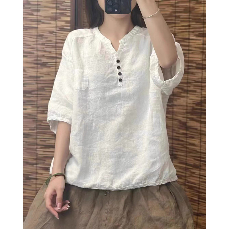 白色亚麻衬衫女春夏2026新款小众设计感文艺复古显瘦宽松短袖上衣
