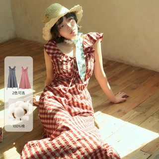 西町村屋法式无袖红格子连衣裙女夏季新款气质长款裙子XAAB10115
