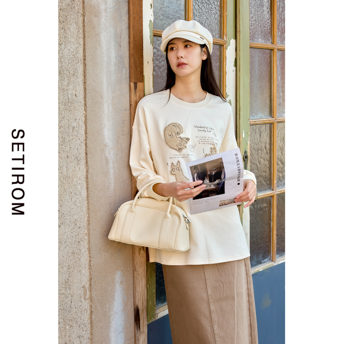 西町村屋宽松圆领印花休闲长袖衣