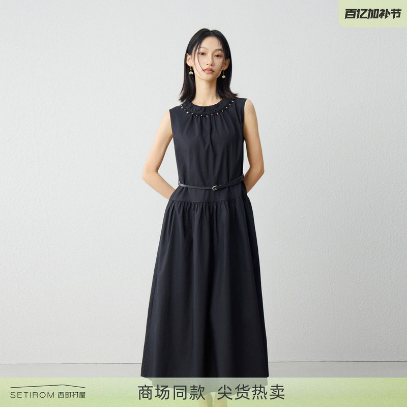 西町村屋简约通勤连衣裙2026夏新款休闲无袖长裙含腰带XHBB10128