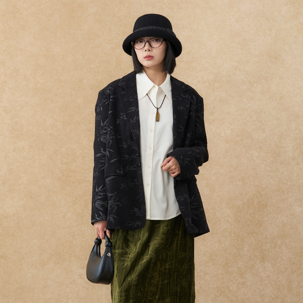 西町村屋国风外套女装秋冬季新款中式竹叶印花夹棉西装AD8218001