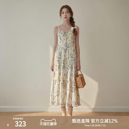 西町村屋法式吊带裙女夏季新款优雅梦幻花园长款连衣裙XHAB10136