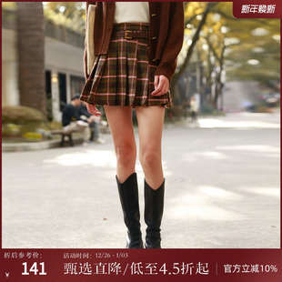 西町村屋百褶裙女冬新款 半身裙AD8401001 粉咖色毛呢格子腰带短款