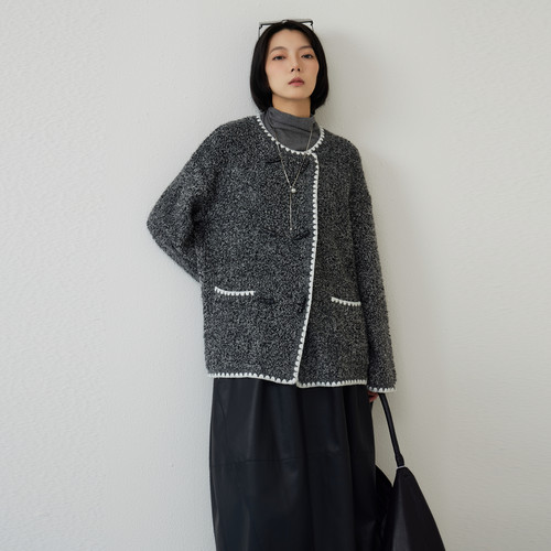 西町村屋毛针织开衫女2026春新款撞色圈圈休闲舒适毛衣XHBA10191