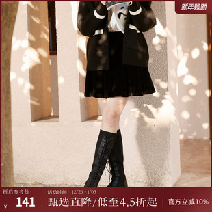 西町村屋短裙女冬新款 浪漫压褶丝绒简约百搭半身裙AD8406005 法式