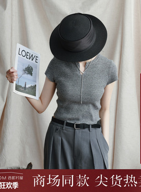 西町村屋花纱V领短袖针织衫女春夏新款简约百搭修身上衣XAAA10273