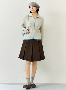 西町村屋韩系翻领毛衣女装2026春季新款通勤感拼色上衣XHBA10090