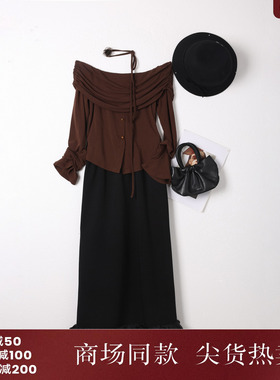 西町村屋甜美纯欲一字肩小衫女秋季新款复古气质修身T恤XX9C10059