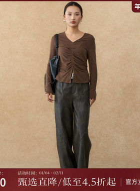 西町村屋潮酷阔腿裤女装冬季新款美式分割铆钉皮质裤子XA9D10232