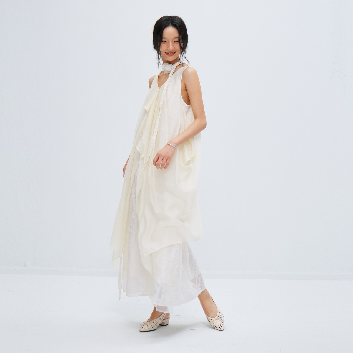 西町村屋氛围感连衣裙女2026夏新款拼接飘带裙子含飘带XABB10466