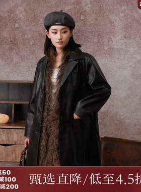 西町村屋毛领可拆卸擦色皮衣女秋季新款宽松中长款外套XA9C10167