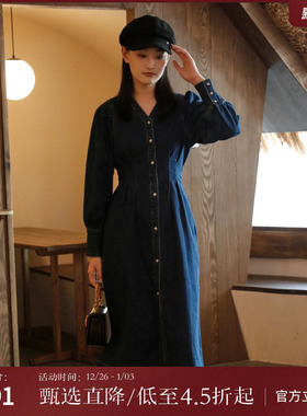 西町村屋牛仔裙女秋季新款法式浪漫复古长袖牛仔连衣裙AC8502010