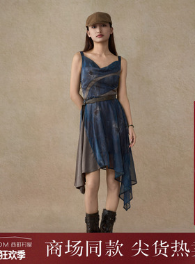 西町村屋复古不规则拼接连衣裙夏季新款牛仔印花吊带裙XAAB10242