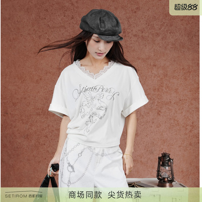 西町村屋法式印花蕾丝边短袖T恤