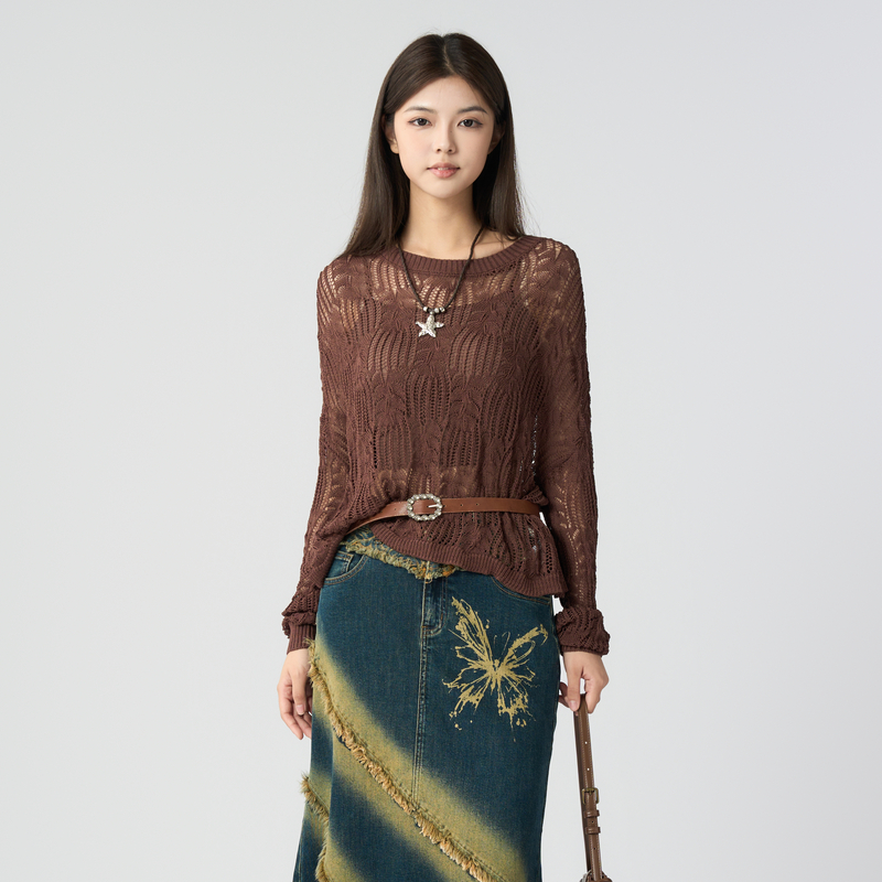 西町村屋复古镂空针织衫女装2025秋季新款百搭套头小衫XAAC10008