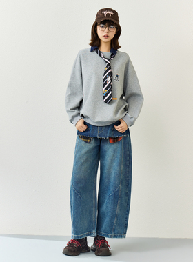 西町村屋拼接牛仔裤女2026春新款设计感格纹休闲哈伦裤XHBA10103