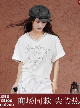 西町村屋法式印花蕾丝边T恤女夏季新款休闲宽松短袖小衫XAAB10122