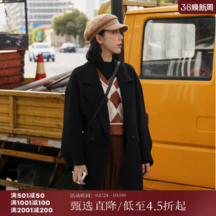 西町村屋简约大衣女装冬季新款通勤袖口分割骆驼绒外套YD7209123