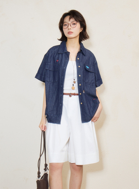 西町村屋简约牛仔衬衫女2026夏季新款翻领刺绣短袖衬衣XHBB10098
