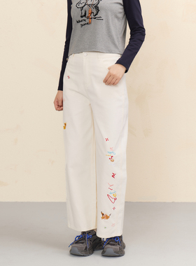 西町村屋绣花白色阔腿牛仔裤女2026春新款趣味小狗长裤CCBA10510