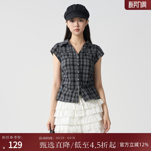 衬衫 文艺百搭短袖 XAAB10716 新款 西町村屋复古格纹收腰衬衣女夏季