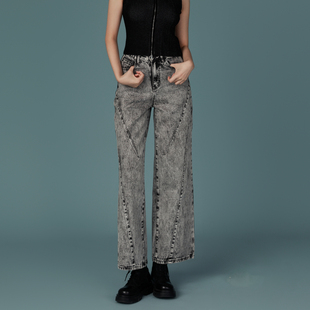复古水洗拼接牛仔裤 新款 AA9302003 女春装 西町村屋休闲宽松直筒裤