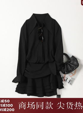 西町村屋法式气质长袖连衣裙女装秋季新款复古短款裙子XH9C10073