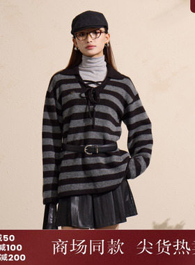 西町村屋潮酷感毛衣女装2025冬季新款休闲条纹阔型上衣XAAD10791