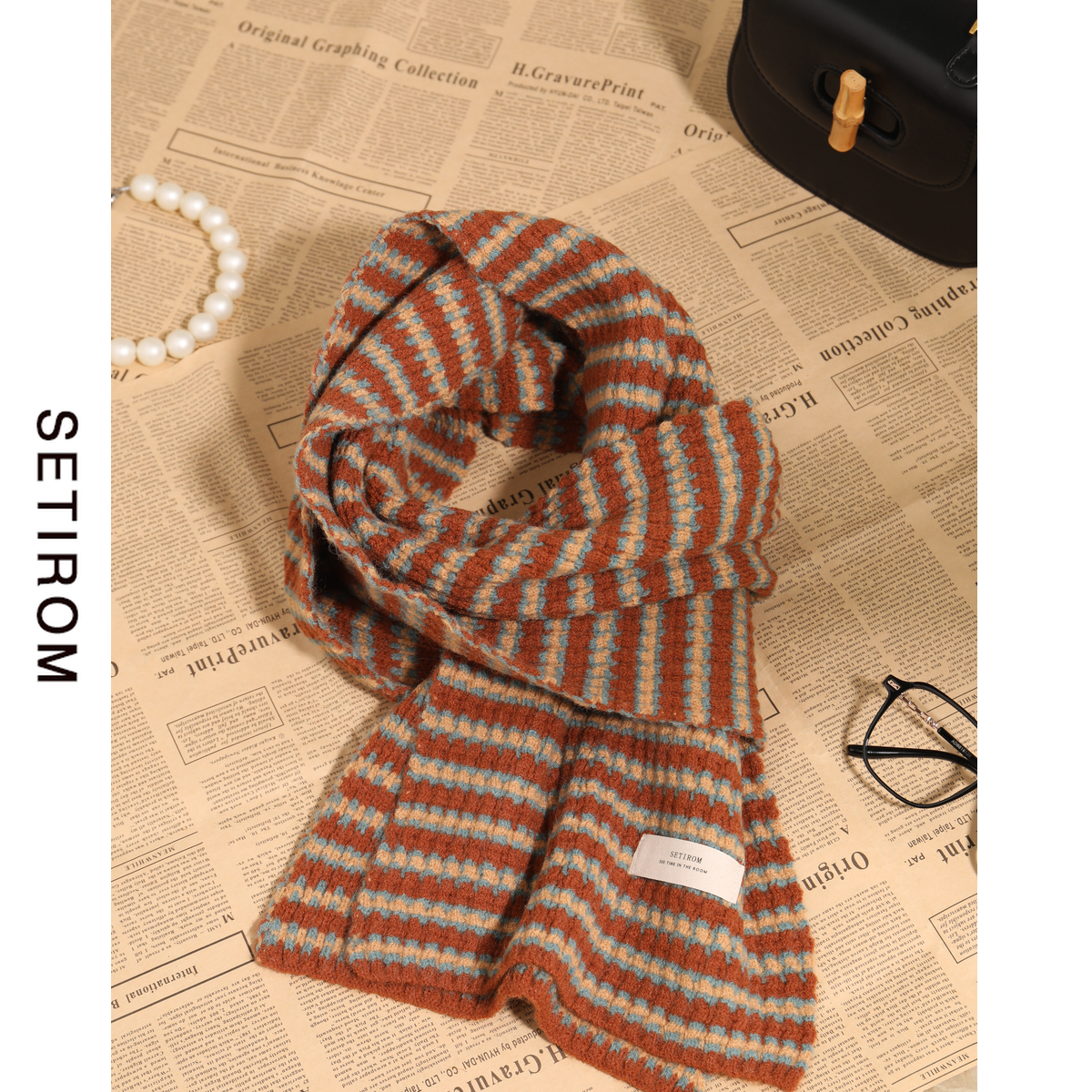 西町村屋学院风条纹保暖围巾秋冬