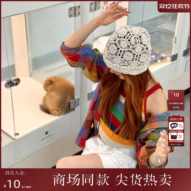 西町村屋镂空帽子女2025秋新款法式手工钩花文艺堆堆帽XAAC60010