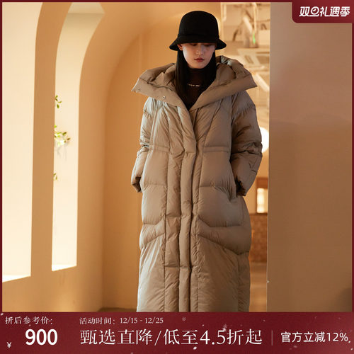 西町村屋长款韩系连帽白鸭绒外套