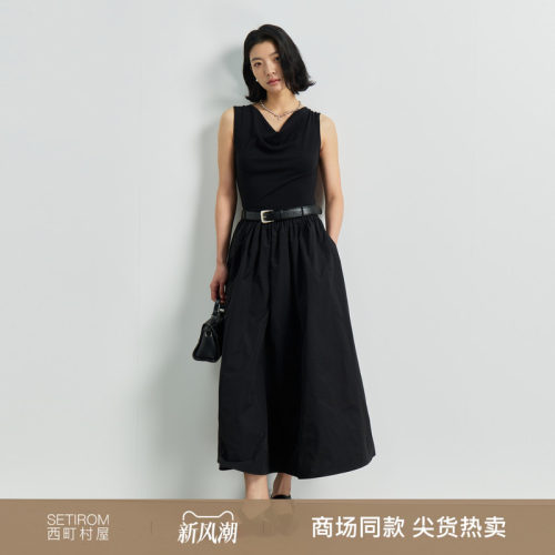 西町村屋气质拼接连衣裙2026春新款简约无袖长裙含腰带XXBA10960