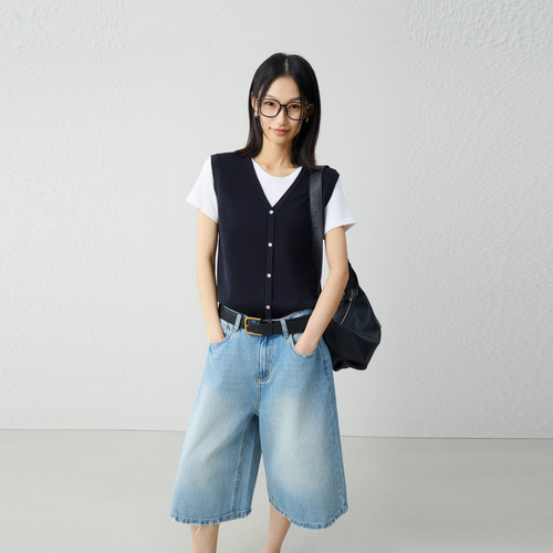 西町村屋复古七分裤女2026夏新款百搭牛仔裤（含腰带）XHBB10113