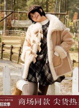 西町村屋甜美内外套2025冬新款蝴蝶结格纹花苞裙套装CAAD10427