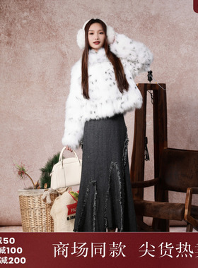 西町村屋烫钻长款毛边鱼尾裙女秋冬新款气质高腰半身裙XX9D10384