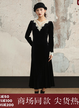 西町村屋法式鱼尾裙女2025冬装新款蕾丝拼接收腰连衣裙XXAD10677